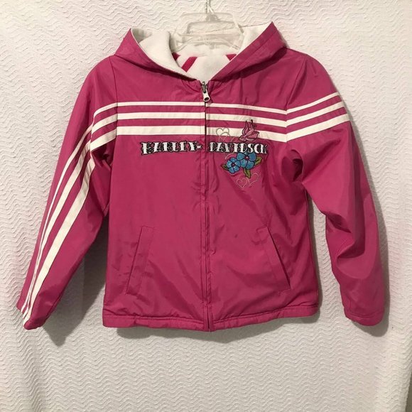 HARLEY DAVIDSON girl's Reversible pink & white hooded jacket sz L - Picture 1 of 11